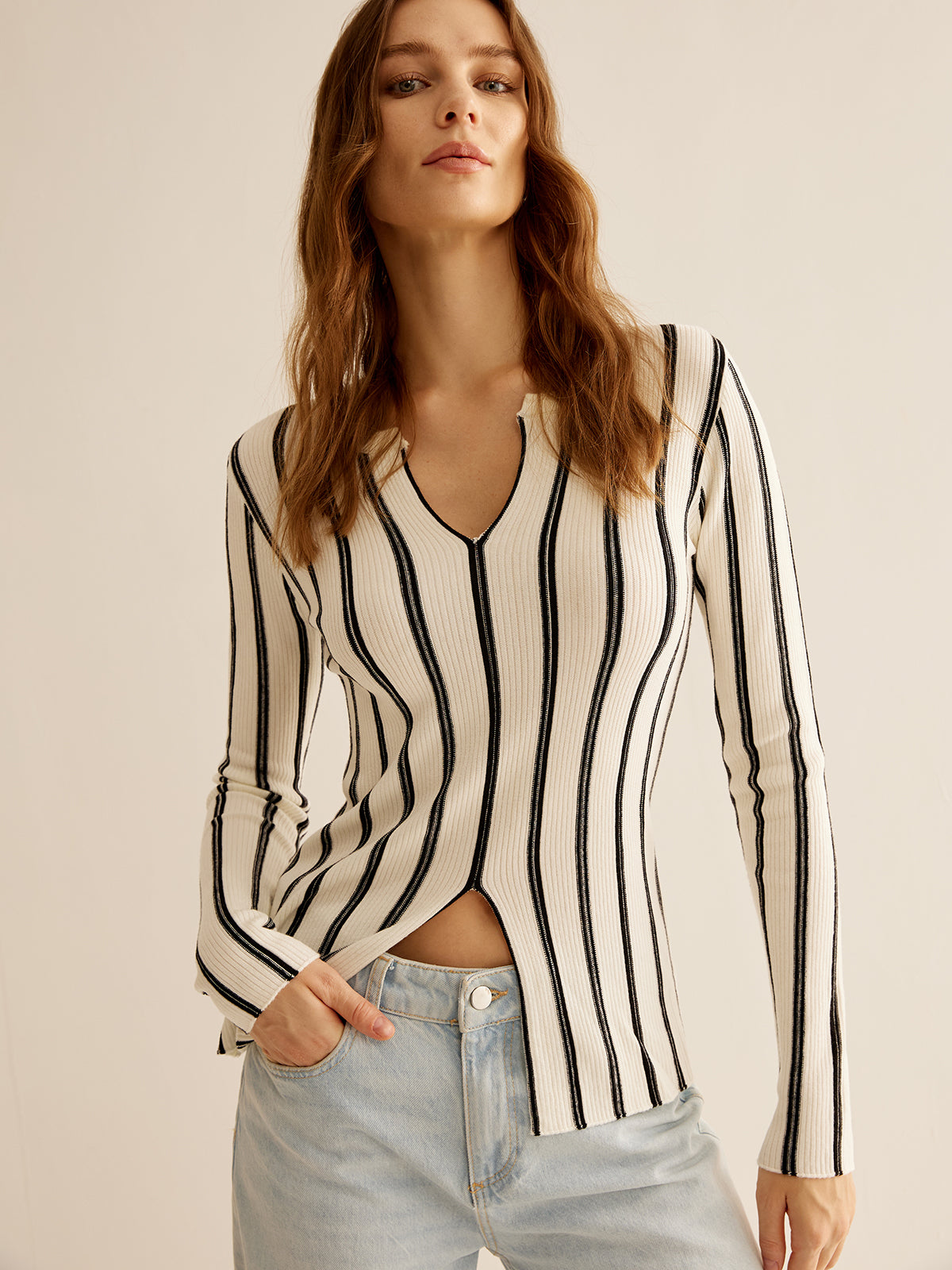 Split Pinstripe Slim Knit Top-Massicos