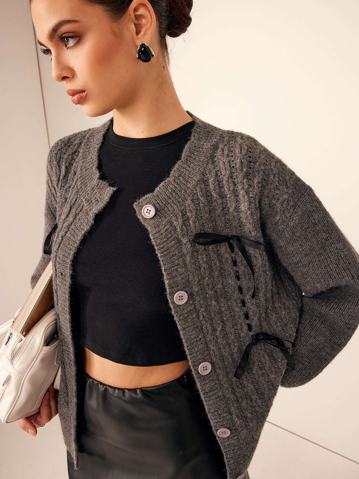 Wave Trim Bow Breasted Cardigan-Massicos