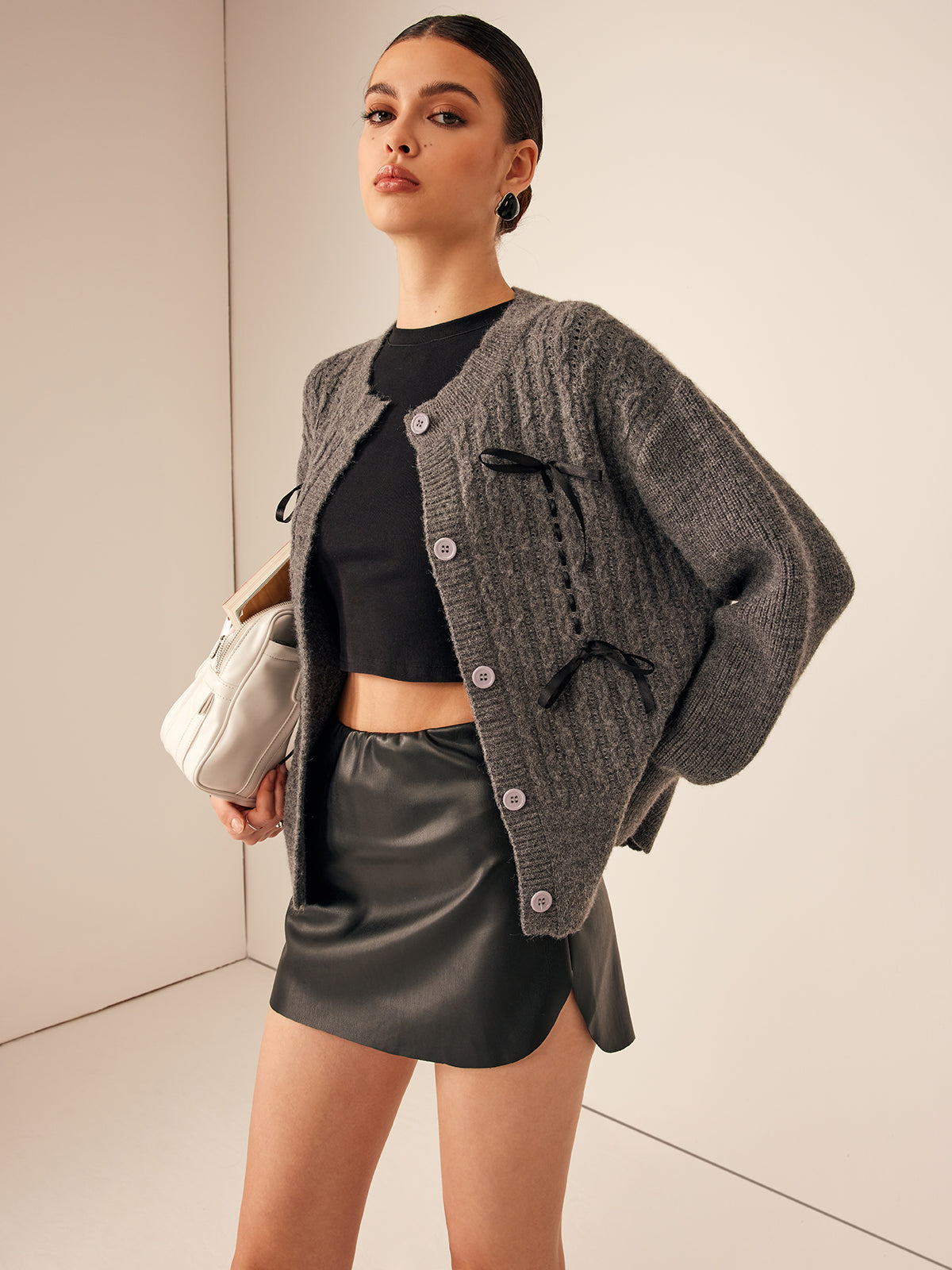 Wave Trim Bow Breasted Cardigan-Massicos
