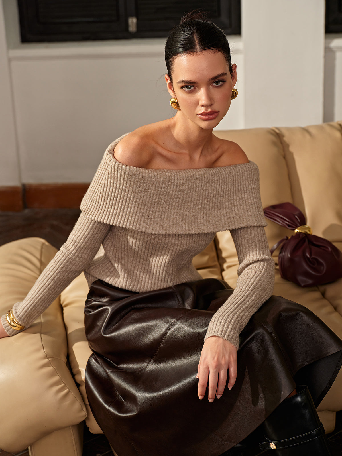 Wool-Blend Plain Off-Shoulder Sweater-Massicos