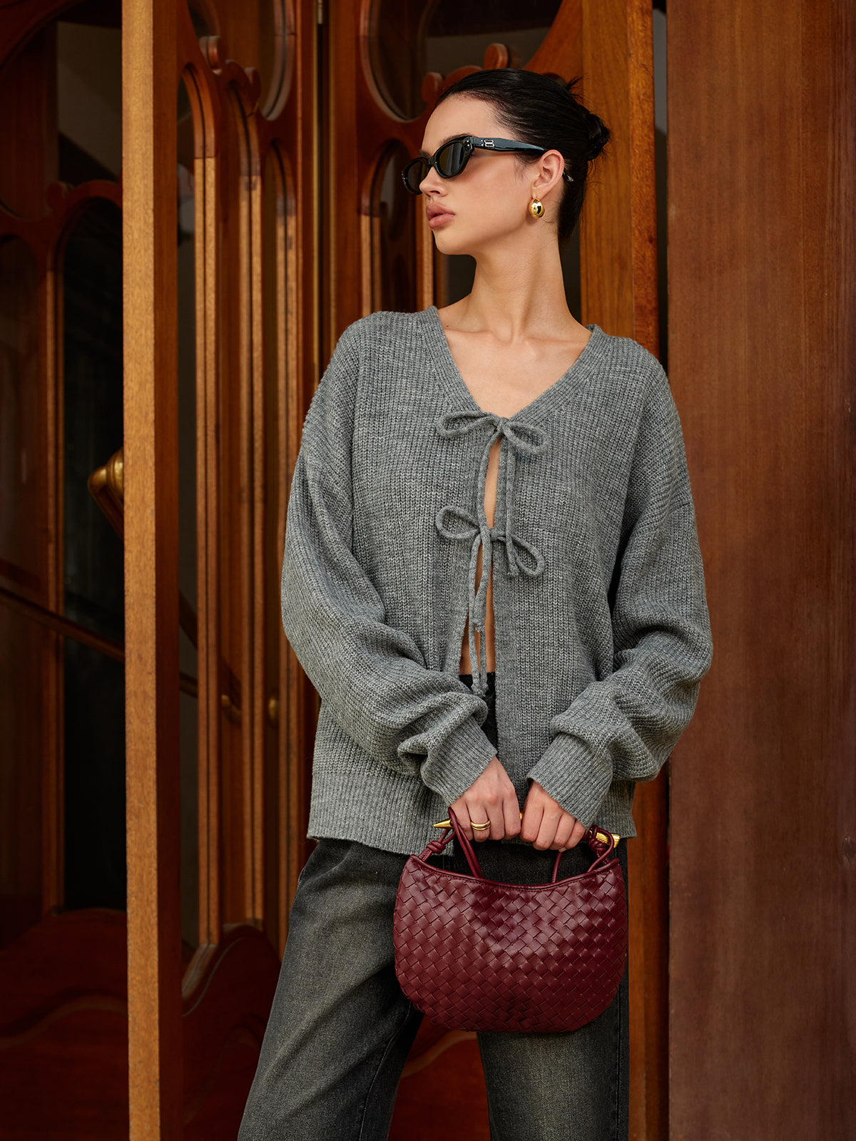 Wool-Blend V-Neck Tie Front Cardigan-Massicos