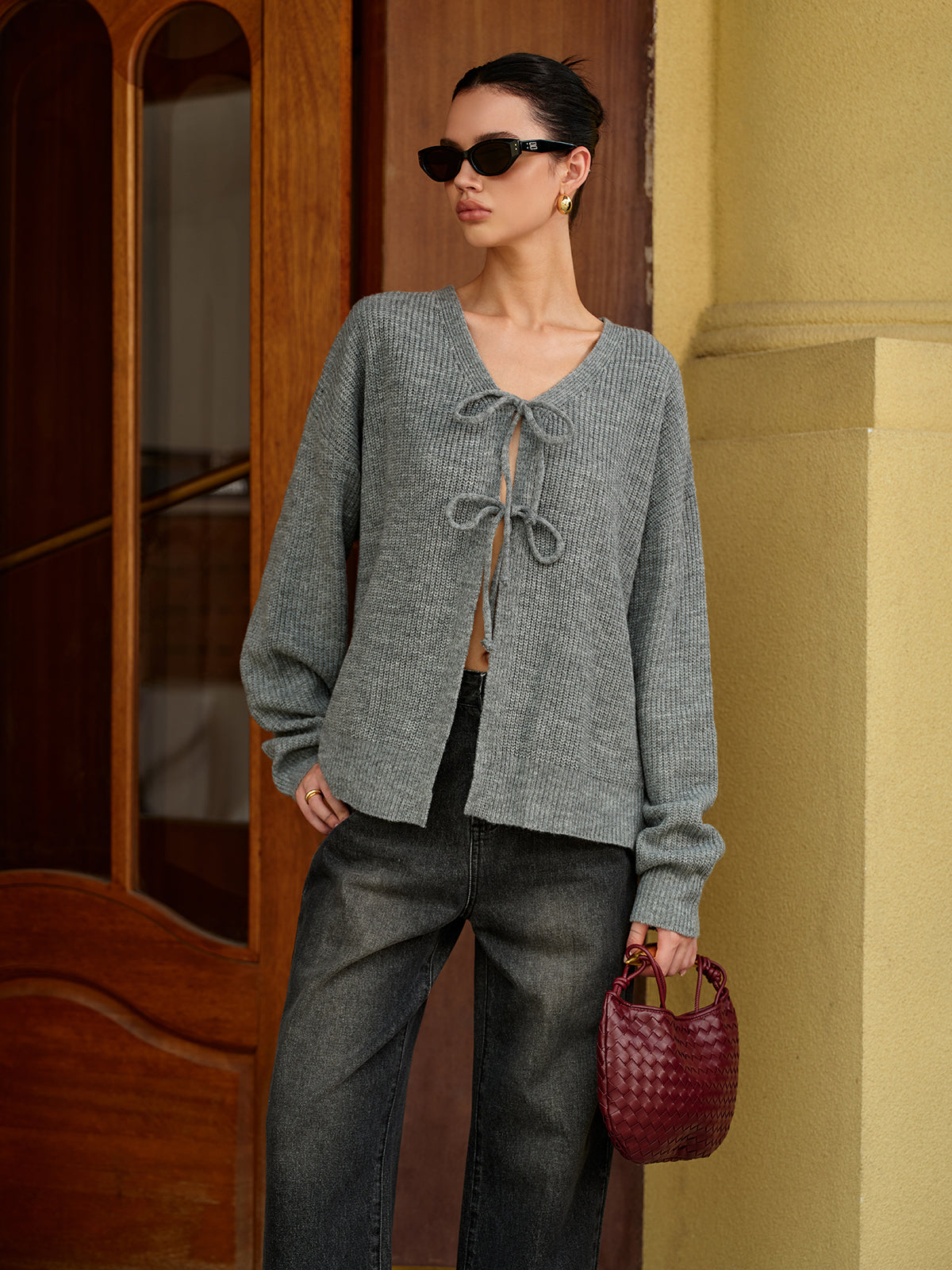 Wool-Blend V-Neck Tie Front Cardigan-Massicos