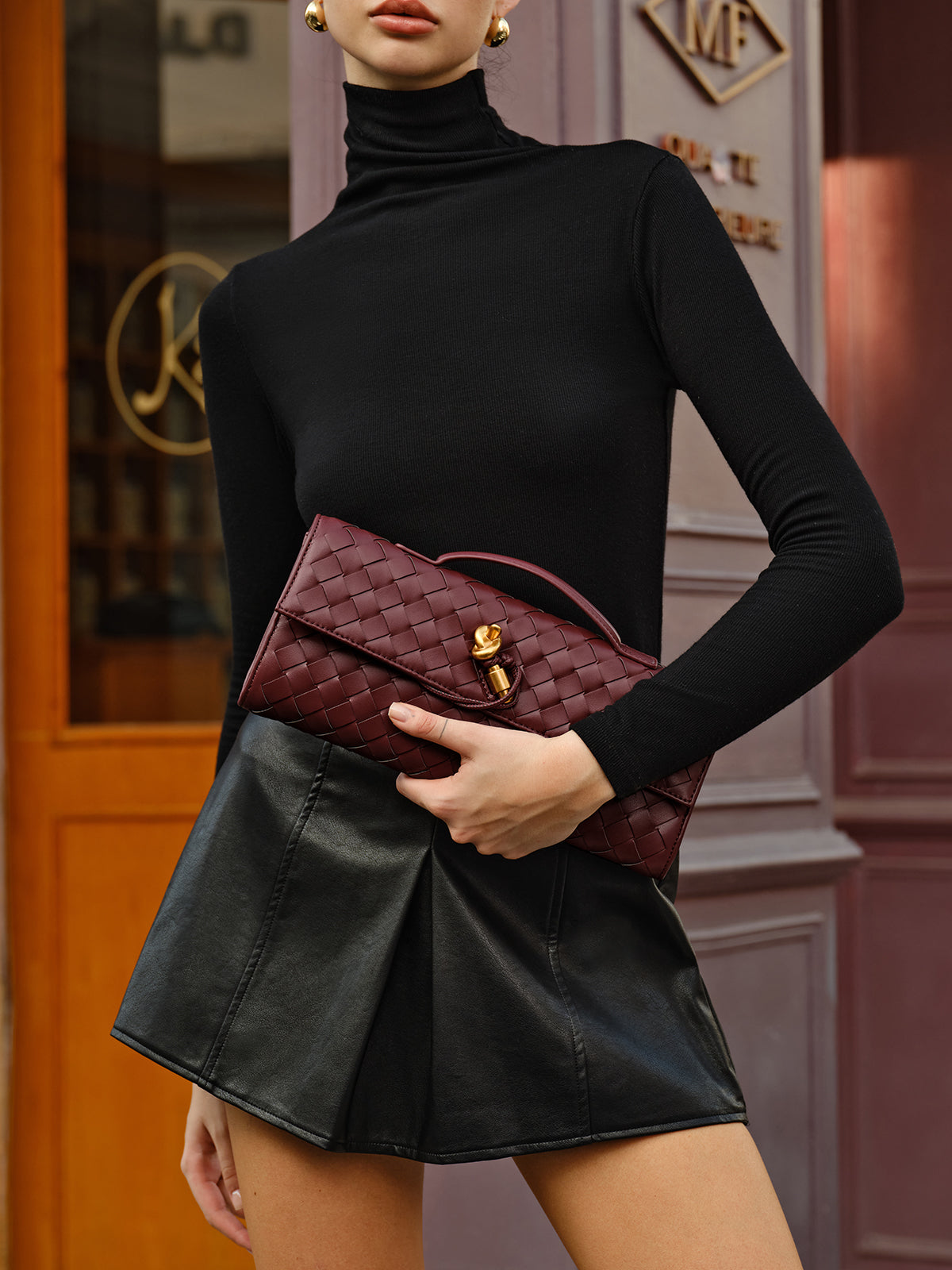 Two Way Woven Flap Clutch Shoulder Bag-Massicos