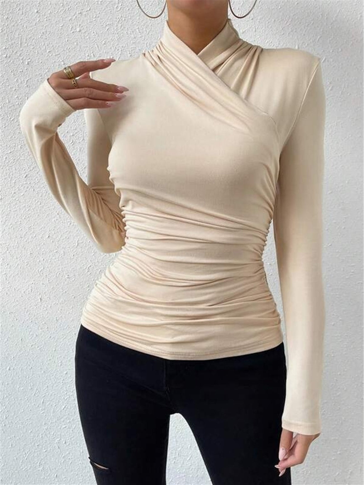 Cross-Over Collar Pleated Cinched T-Shirt-Massicos
