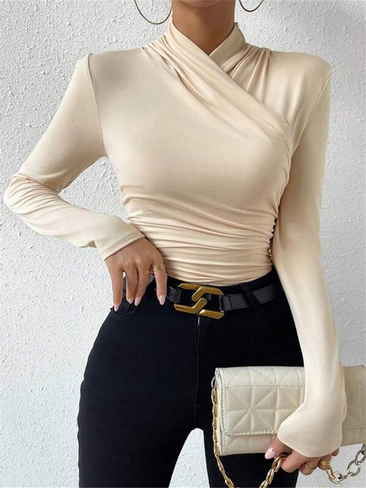 Cross-Over Collar Pleated Cinched T-Shirt-Massicos