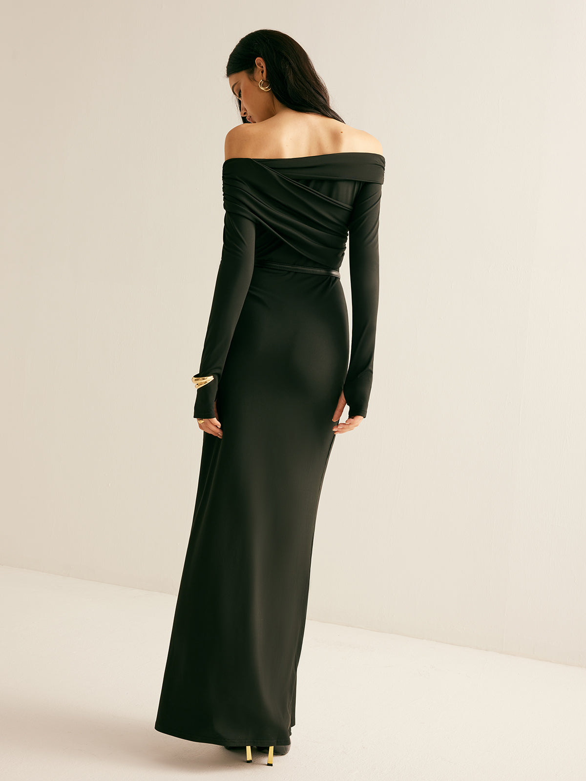 Modal Off-Shoulder Ruched Dress Without Belt-Massicos