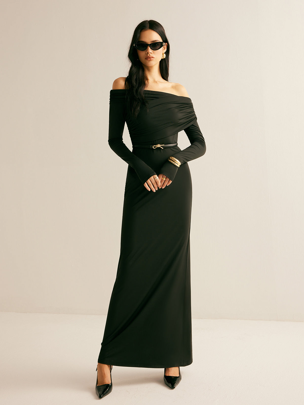 Modal Off-Shoulder Ruched Dress Without Belt-Massicos