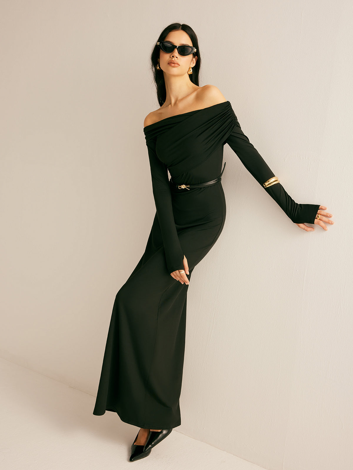 Modal Off-Shoulder Ruched Dress Without Belt-Massicos