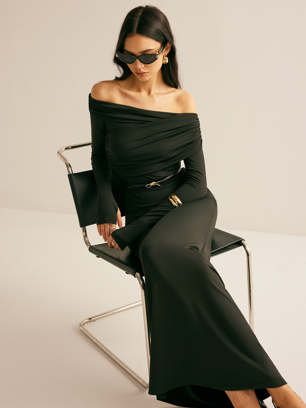 Modal Off-Shoulder Ruched Dress Without Belt-Massicos