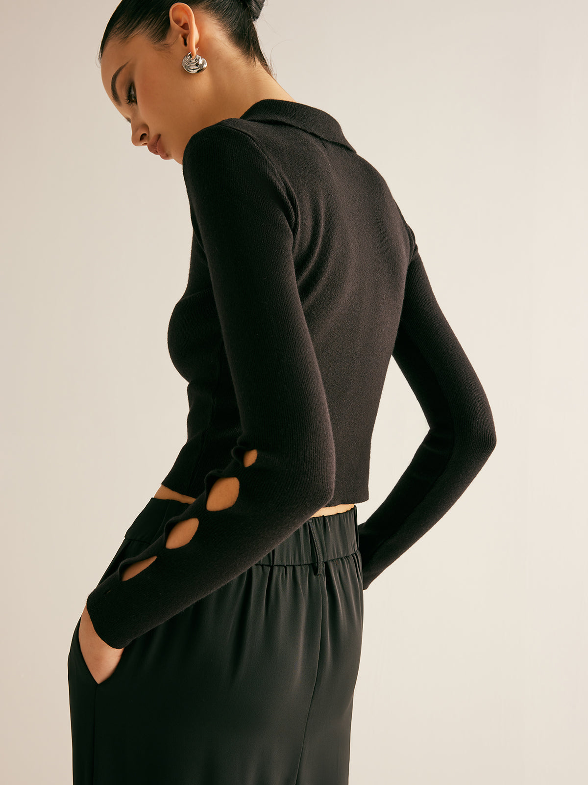 Metal-Decor Cutout Lapel Crop Sweater-Massicos