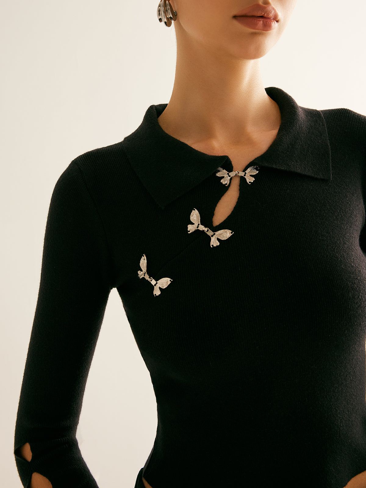 Metal-Decor Cutout Lapel Crop Sweater-Massicos