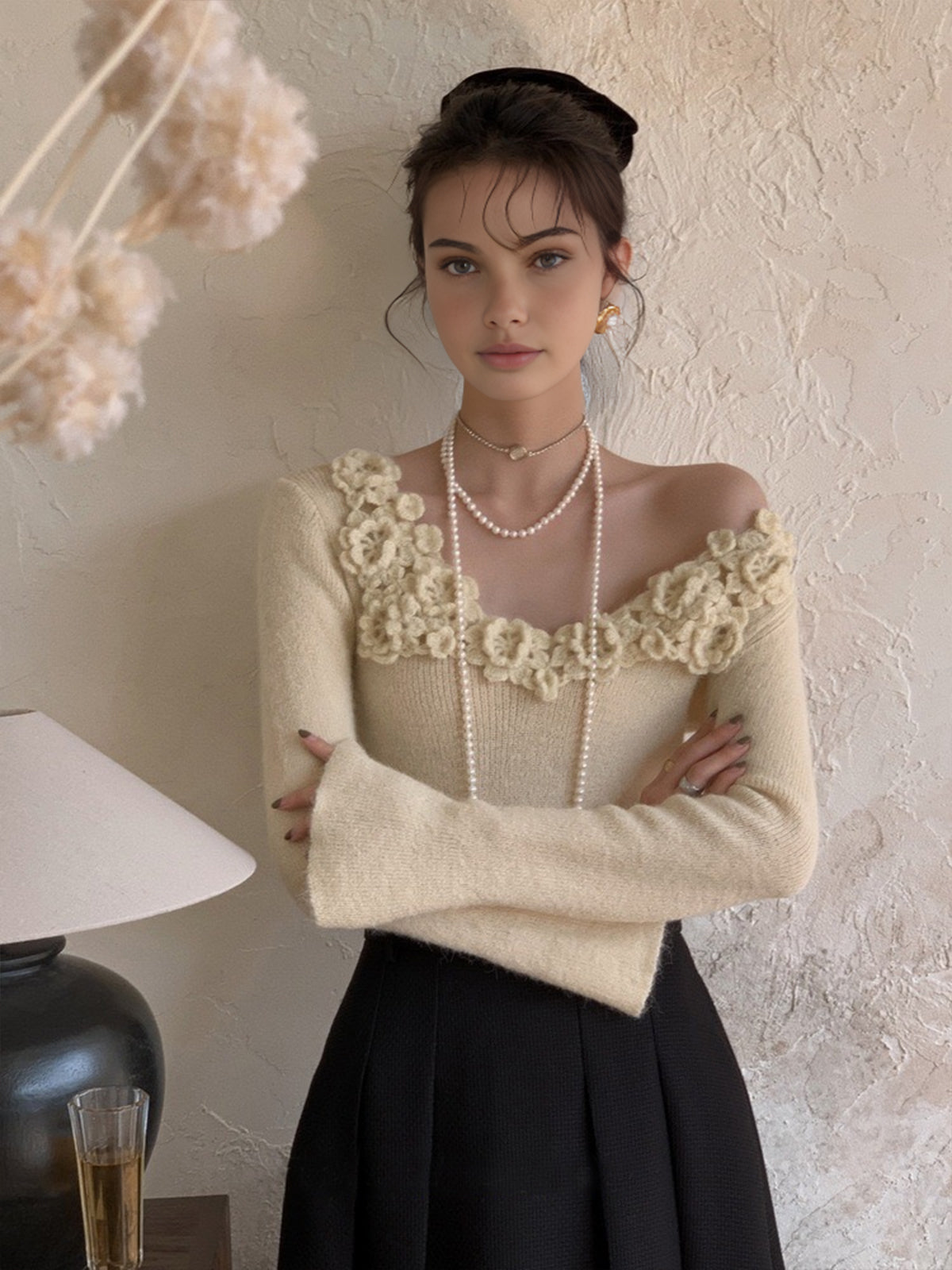Floral Collar Ribbed Knit Top-Massicos