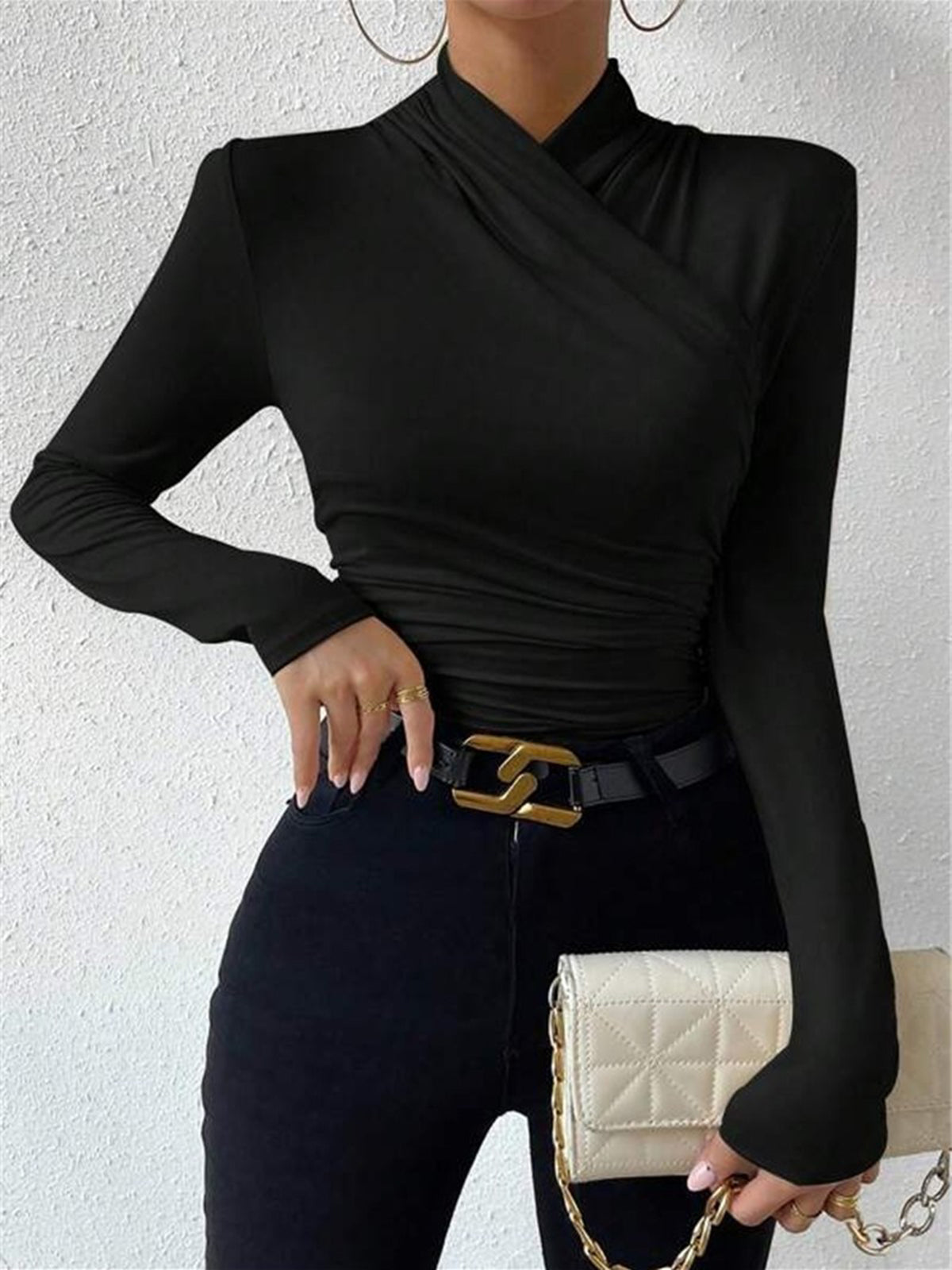 Cross-Over Collar Pleated Cinched T-Shirt-Massicos
