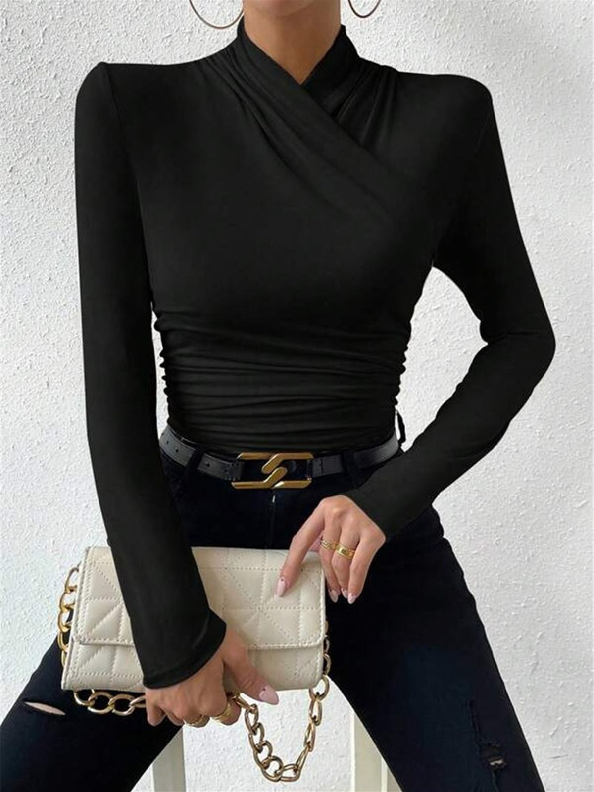 Cross-Over Collar Pleated Cinched T-Shirt-Massicos