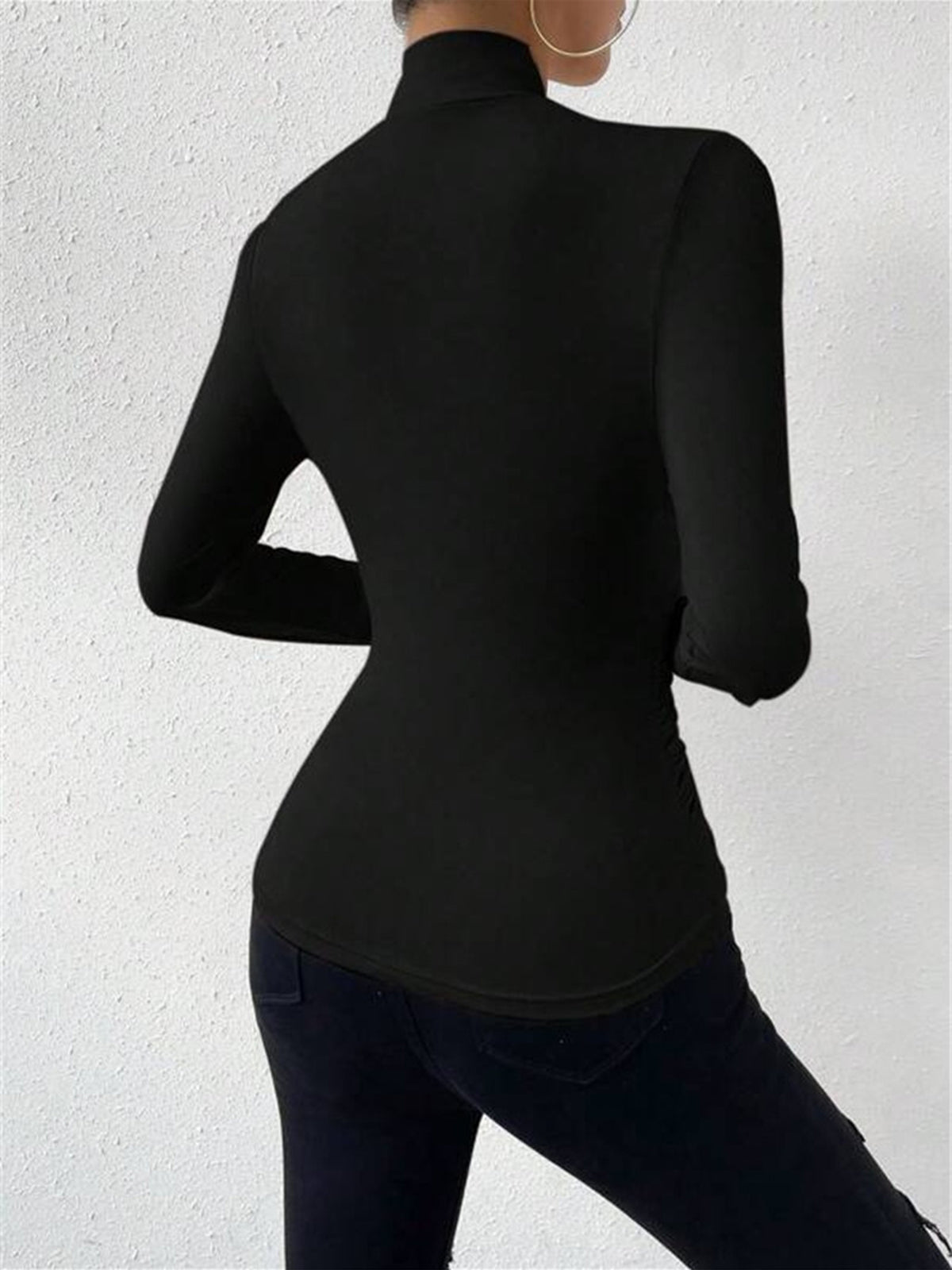 Cross-Over Collar Pleated Cinched T-Shirt-Massicos