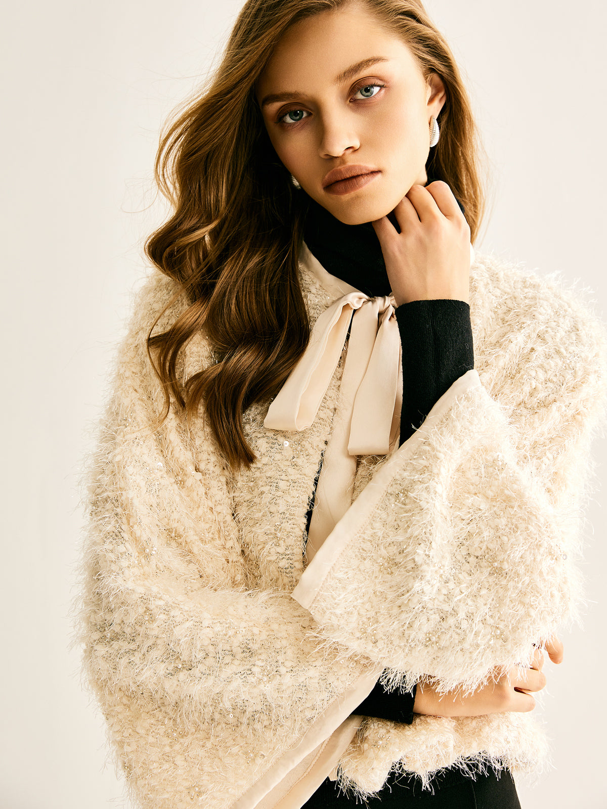 Tie Neck Fuzzy Jacket-Massicos