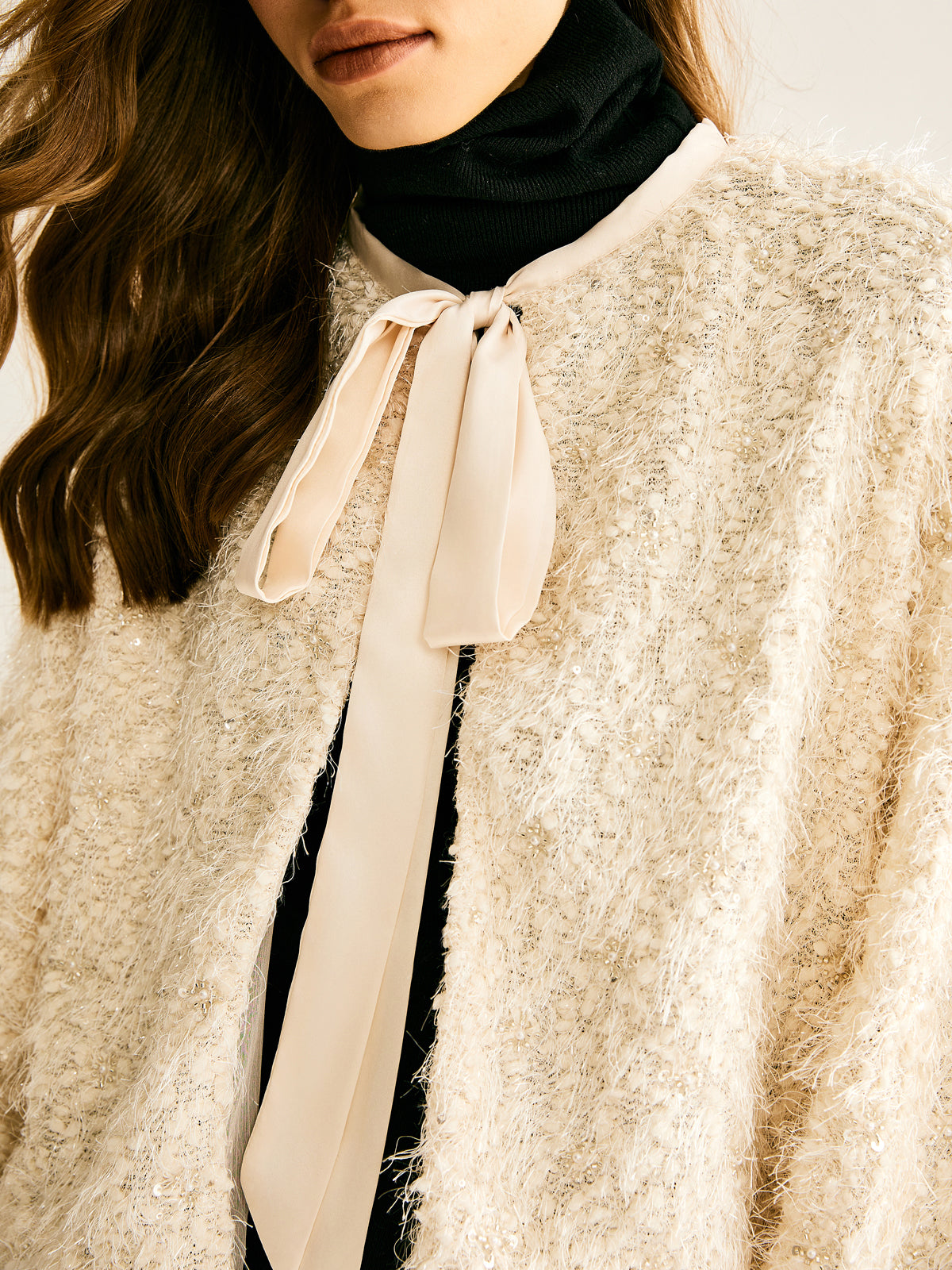 Tie Neck Fuzzy Jacket-Massicos