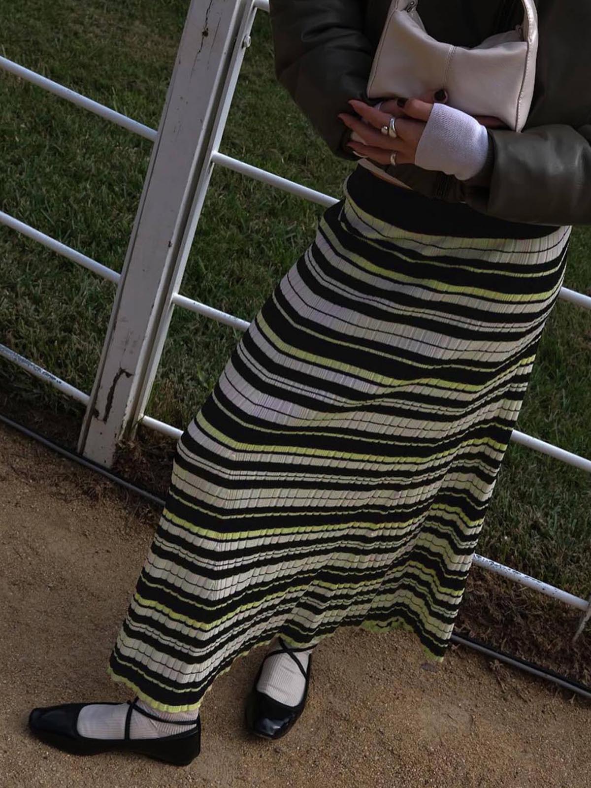 Striped Stretch Sweater Midi Skirt-Massicos