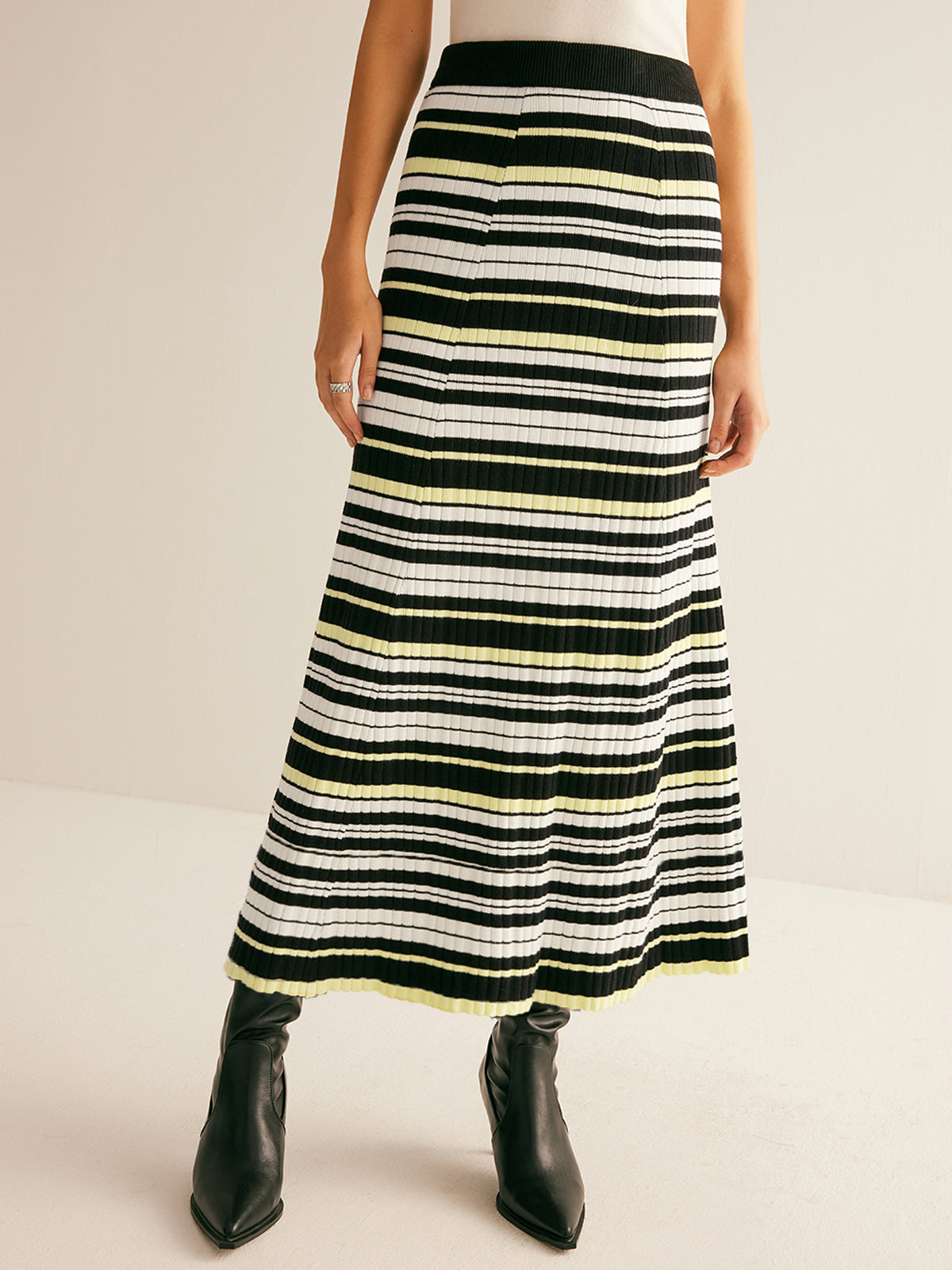 Striped Stretch Sweater Midi Skirt-Massicos