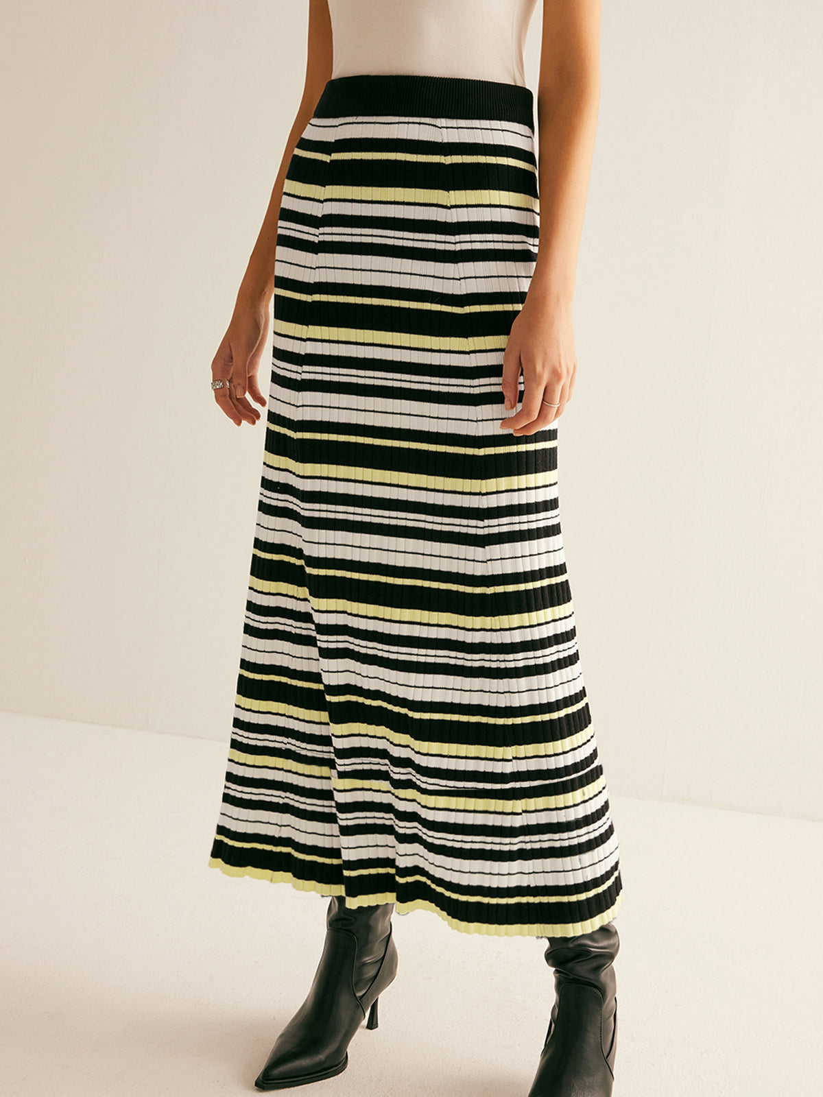 Striped Stretch Sweater Midi Skirt-Massicos