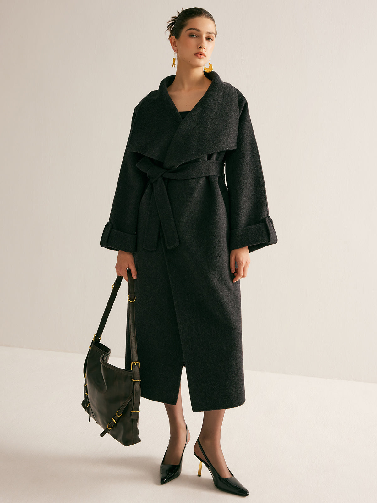 Large Collar Belted Wool Long Coat-Massicos