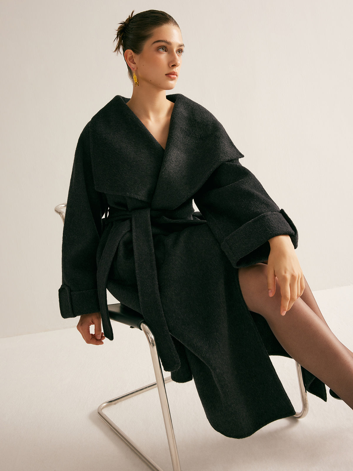 Large Collar Belted Wool Long Coat-Massicos