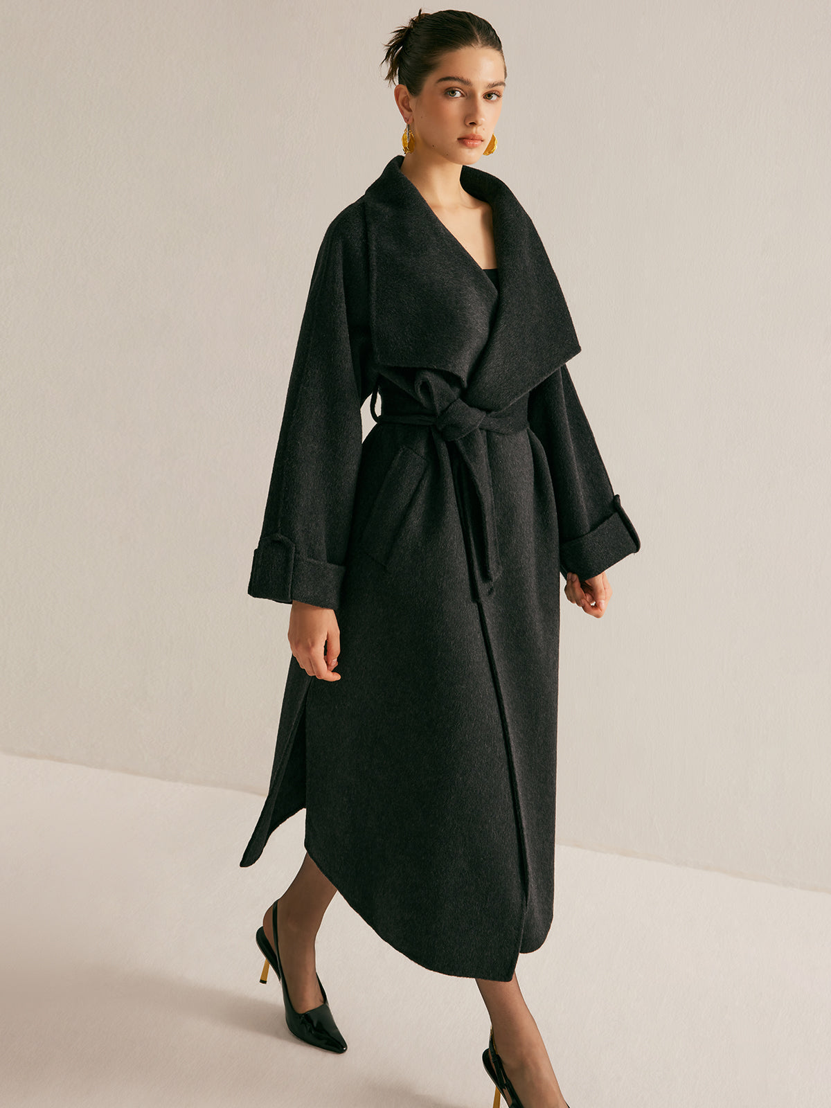 Large Collar Belted Wool Long Coat-Massicos