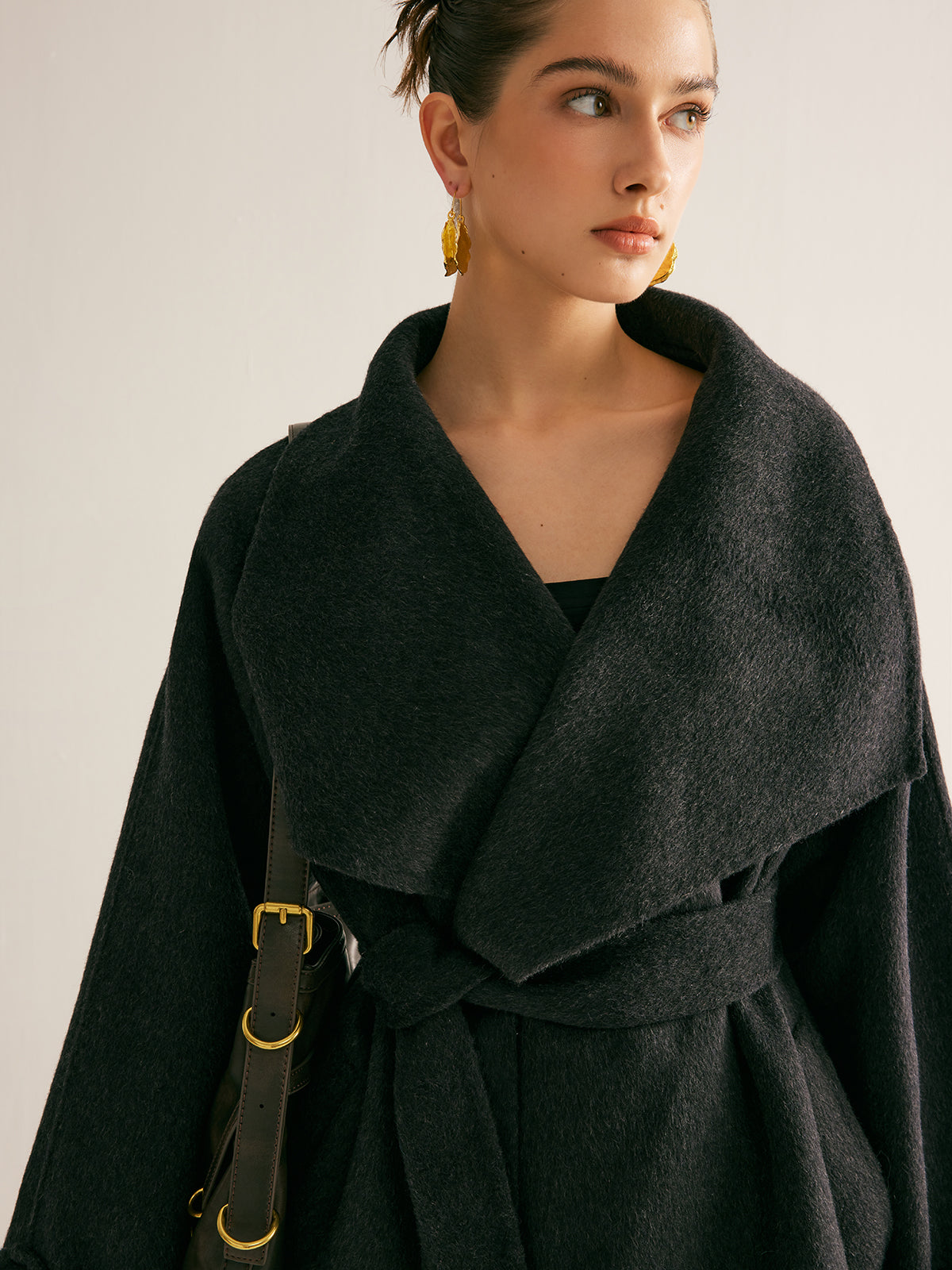 Large Collar Belted Wool Long Coat-Massicos