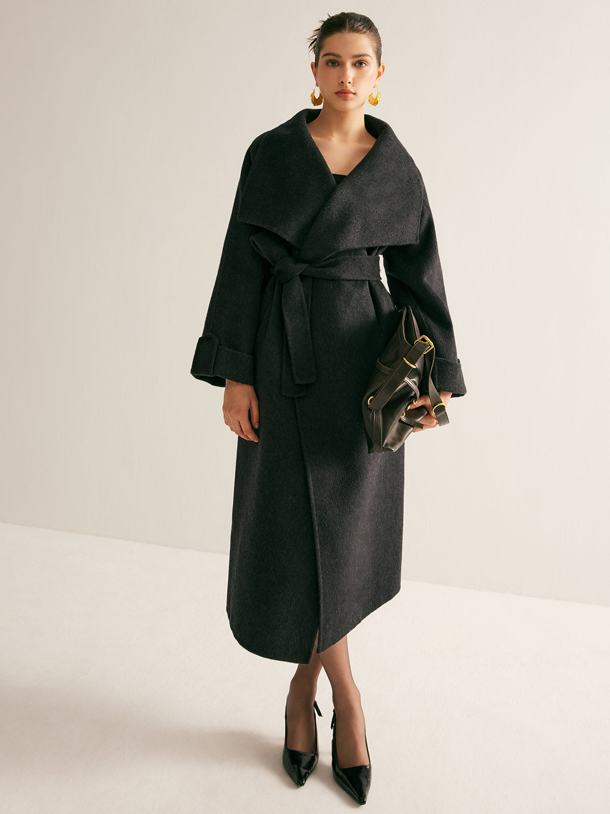 Large Collar Belted Wool Long Coat-Massicos