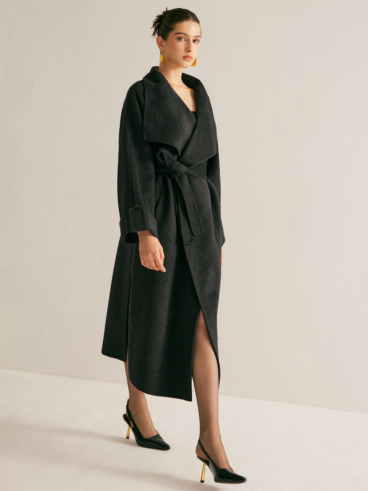 Large Collar Belted Wool Long Coat-Massicos