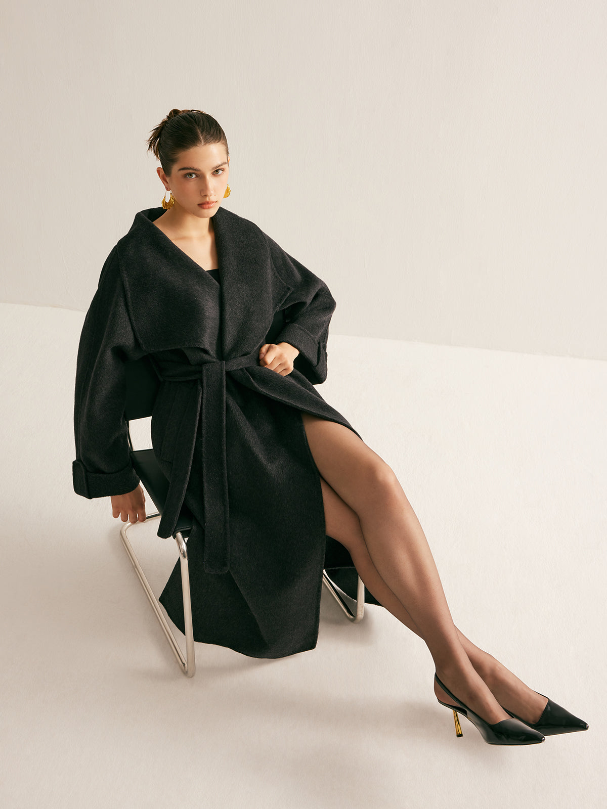 Large Collar Belted Wool Long Coat-Massicos
