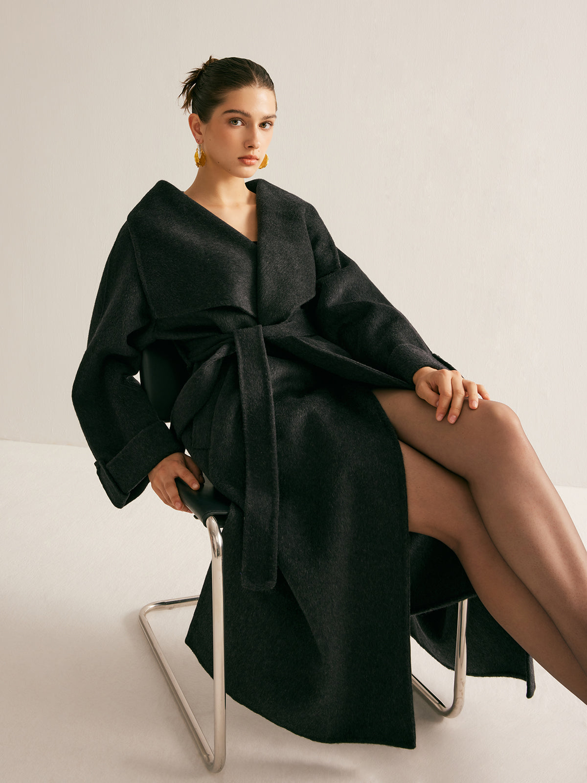 Large Collar Belted Wool Long Coat-Massicos