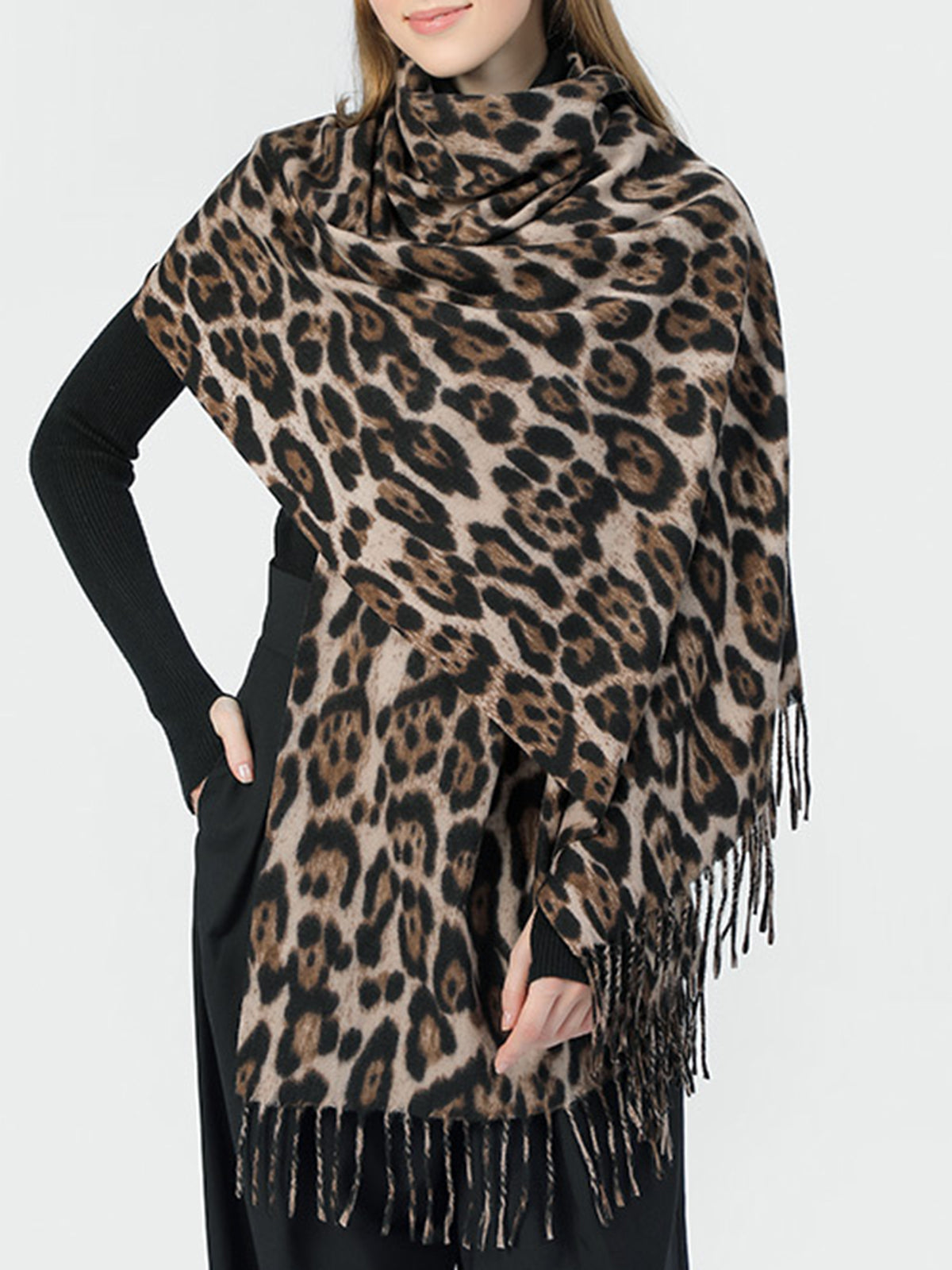 Leopard Printed Tassel Warm Scarf-Massicos