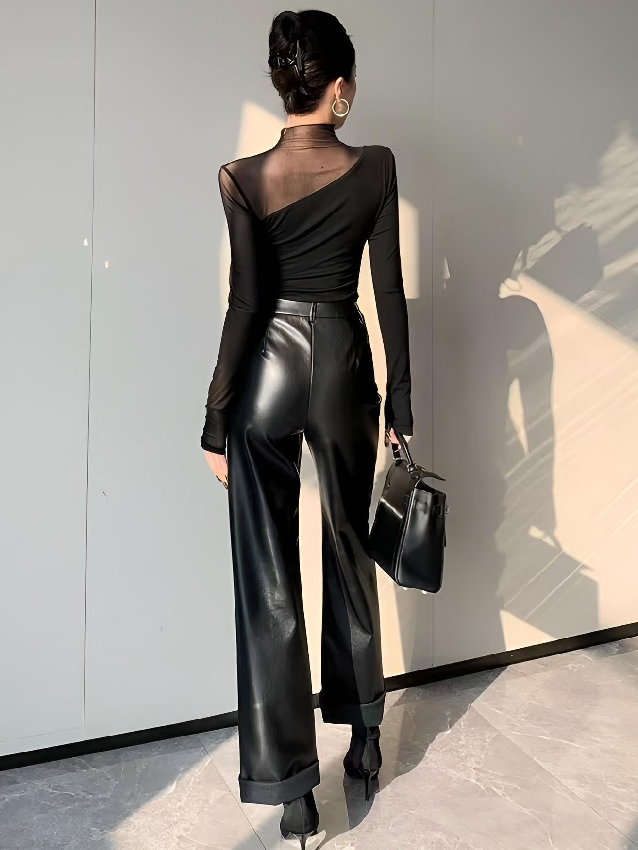 Asymmetrical Sheer Mesh Panel T-Shirt-Massicos