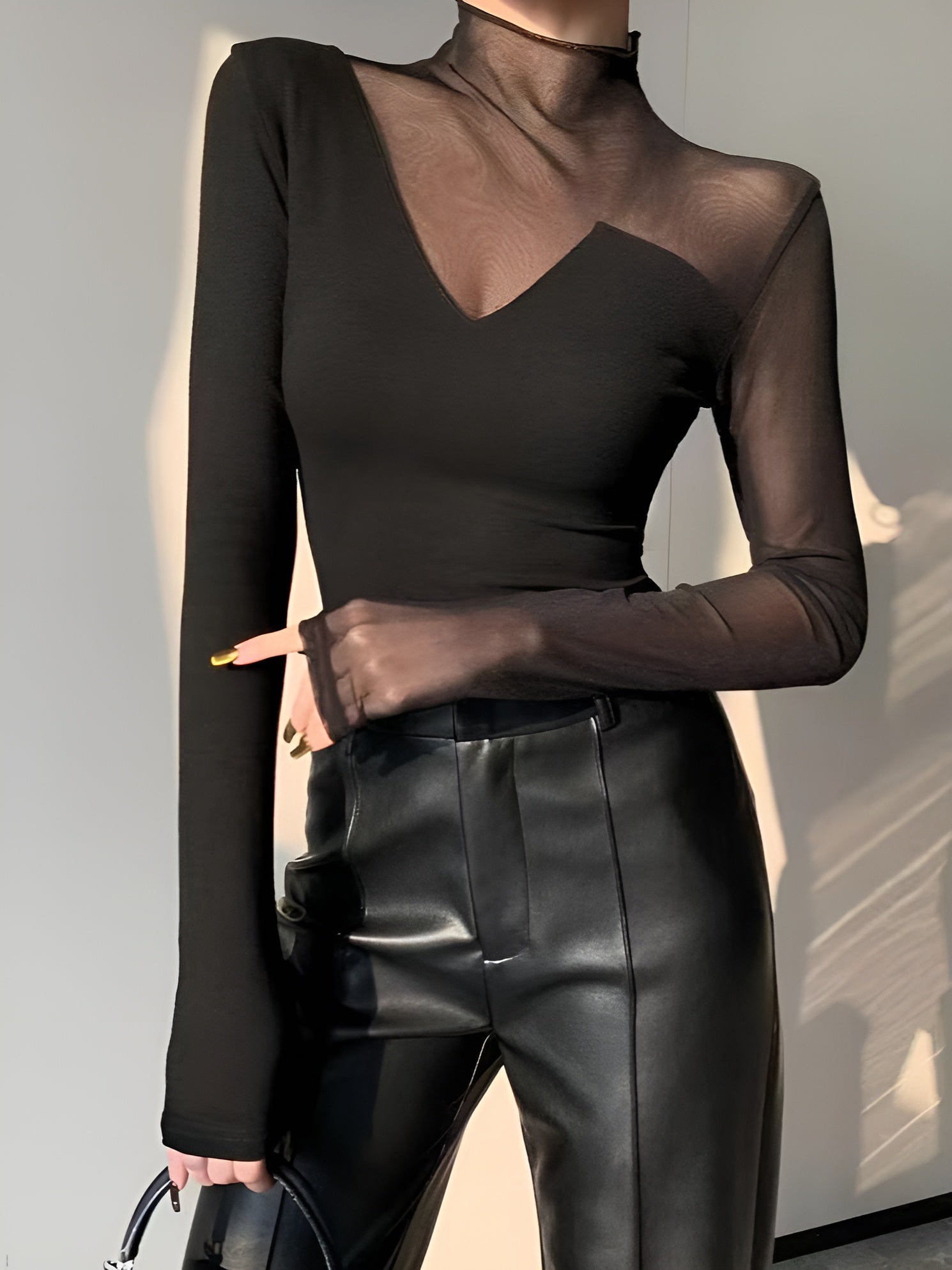 Asymmetrical Sheer Mesh Panel T-Shirt-Massicos