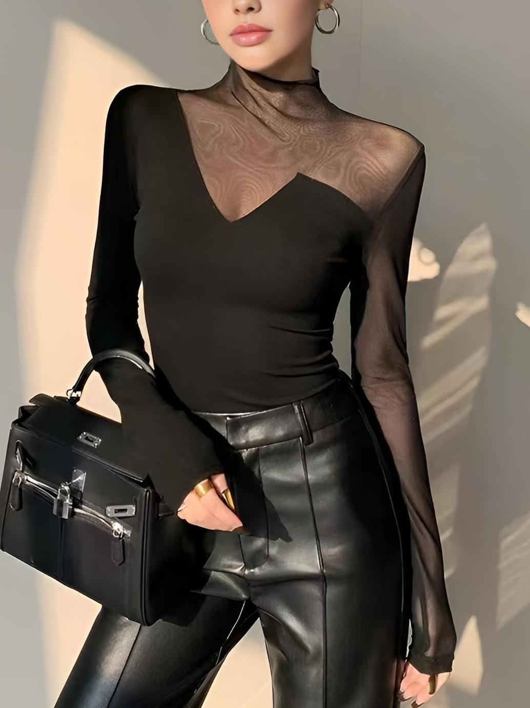 Asymmetrical Sheer Mesh Panel T-Shirt-Massicos