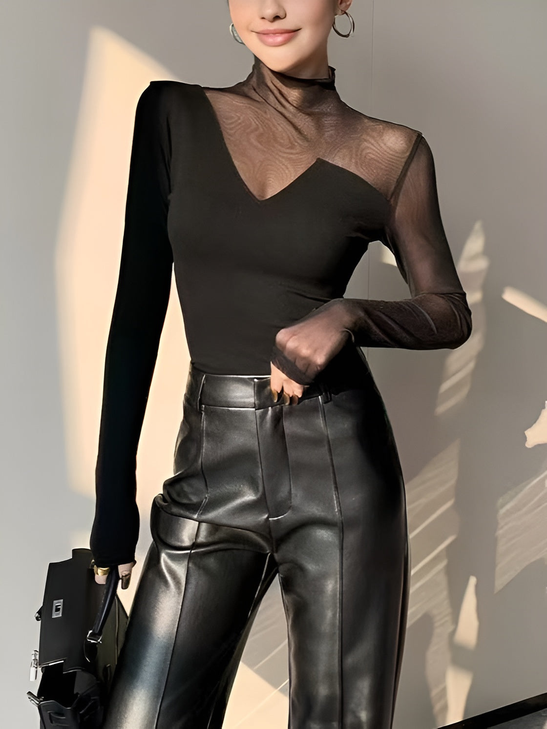Asymmetrical Sheer Mesh Panel T-Shirt-Massicos