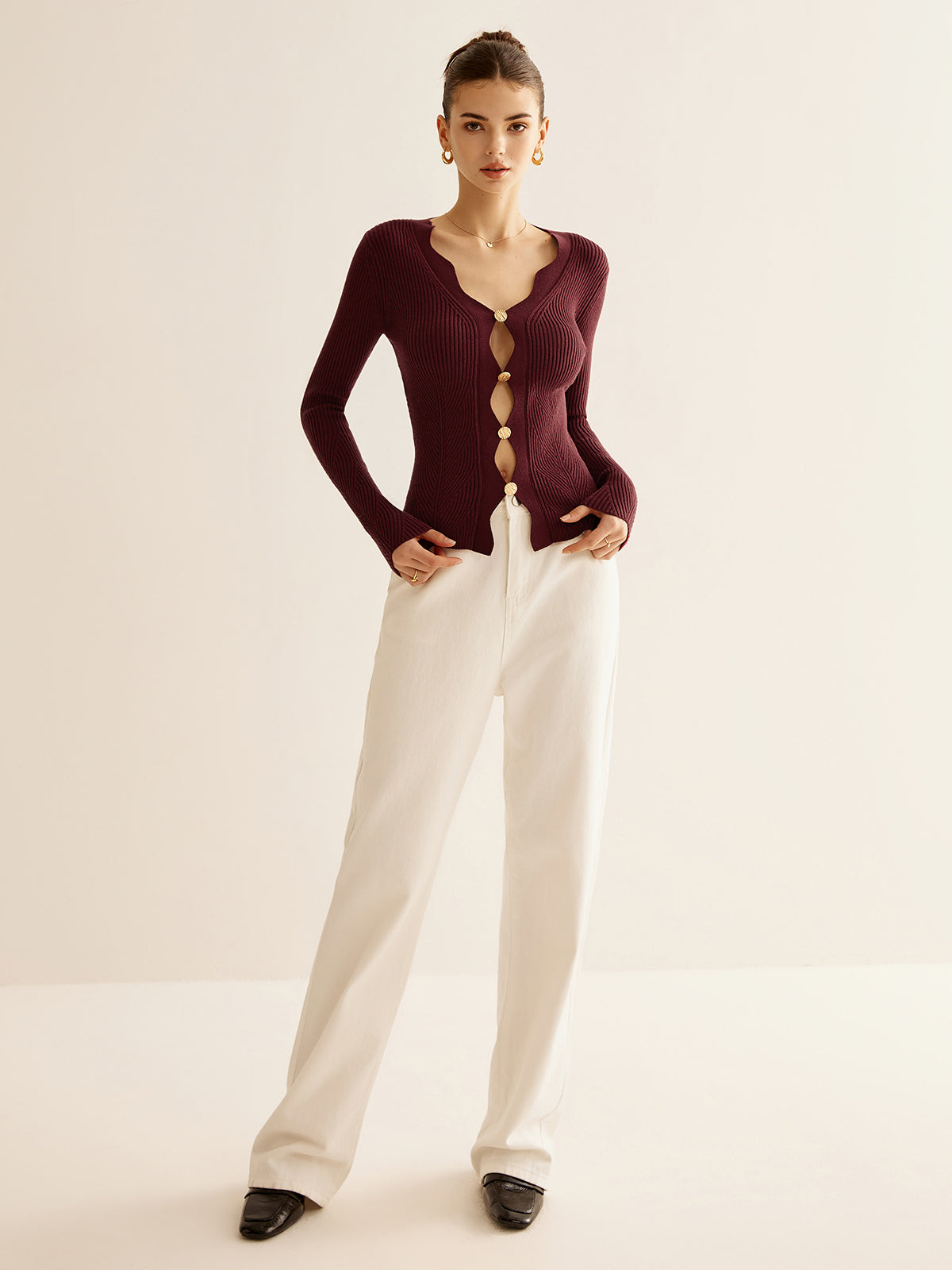 Wave Trim Cutout Slim Knit Top-Massicos
