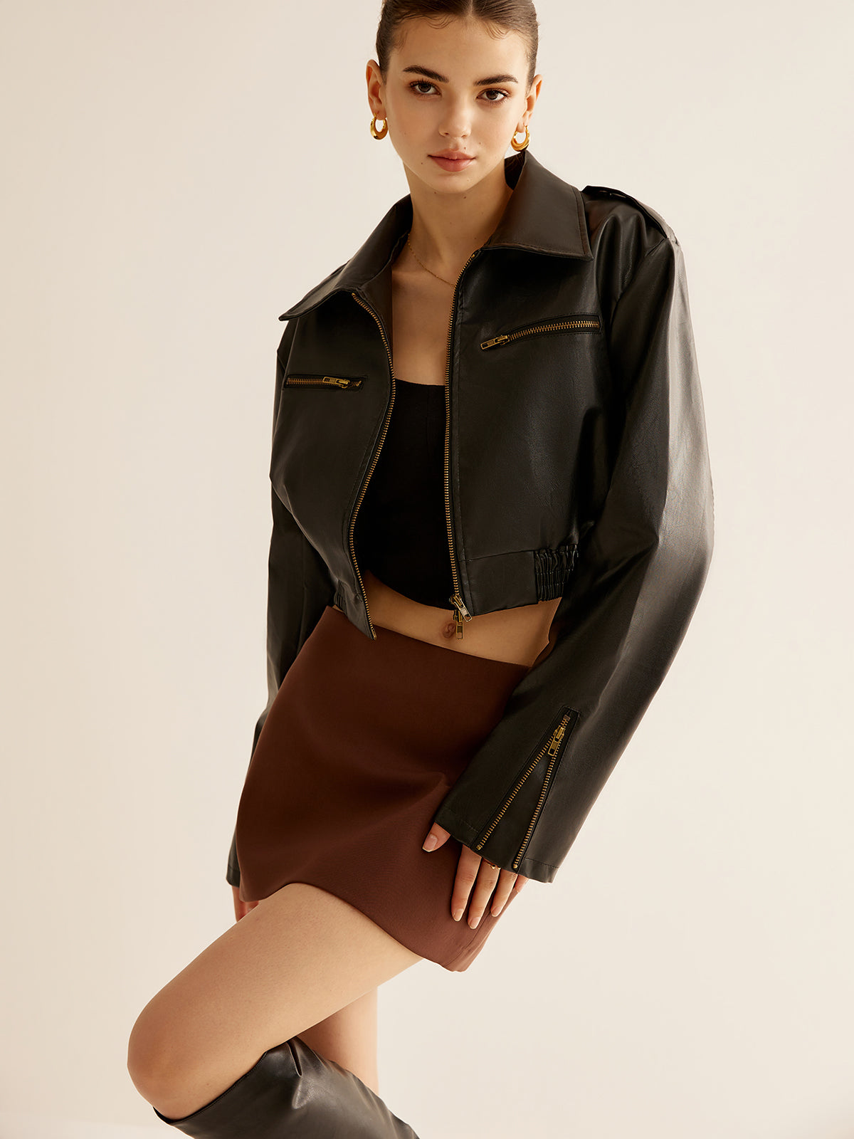 Versatile Crop Faux Leather Jacket-Massicos