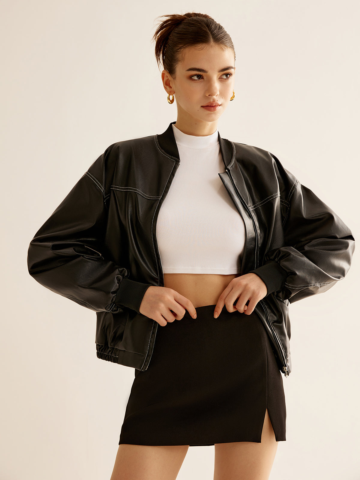 Vintage Zipper PU Leather Short Jacket-Massicos