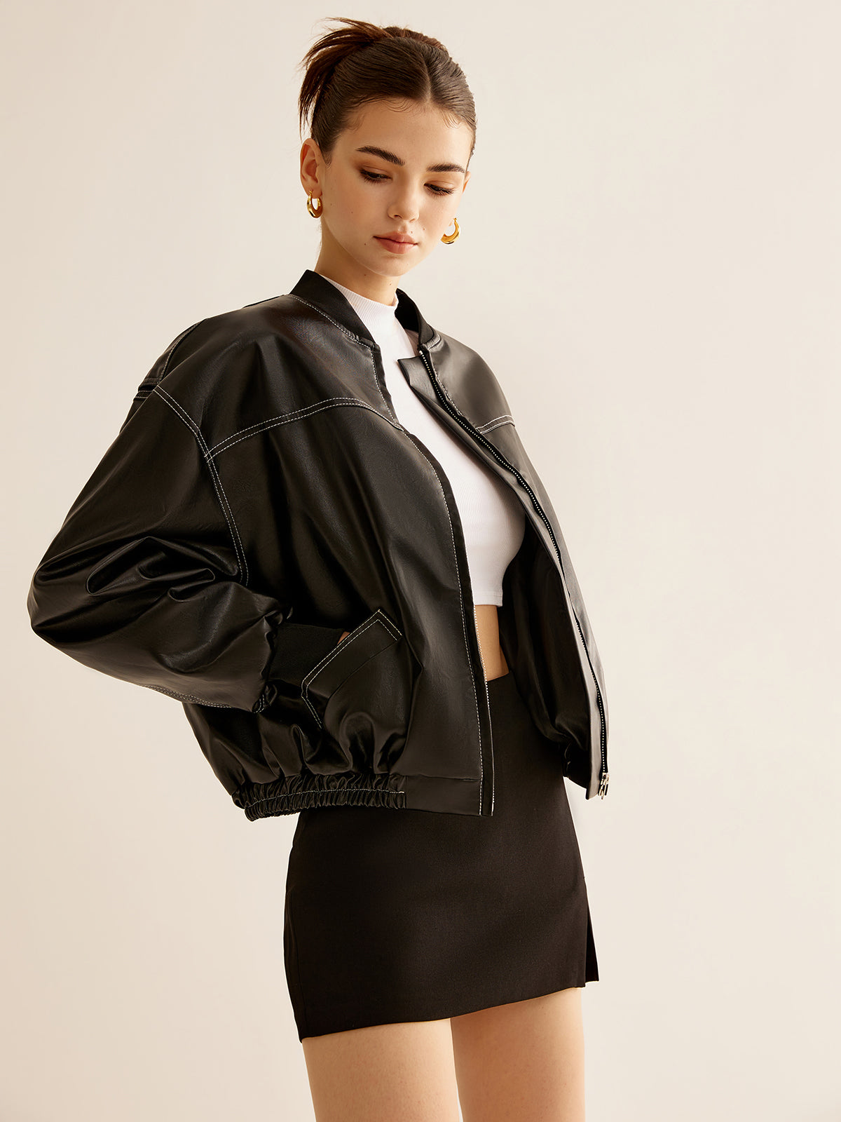 Vintage Zipper PU Leather Short Jacket-Massicos