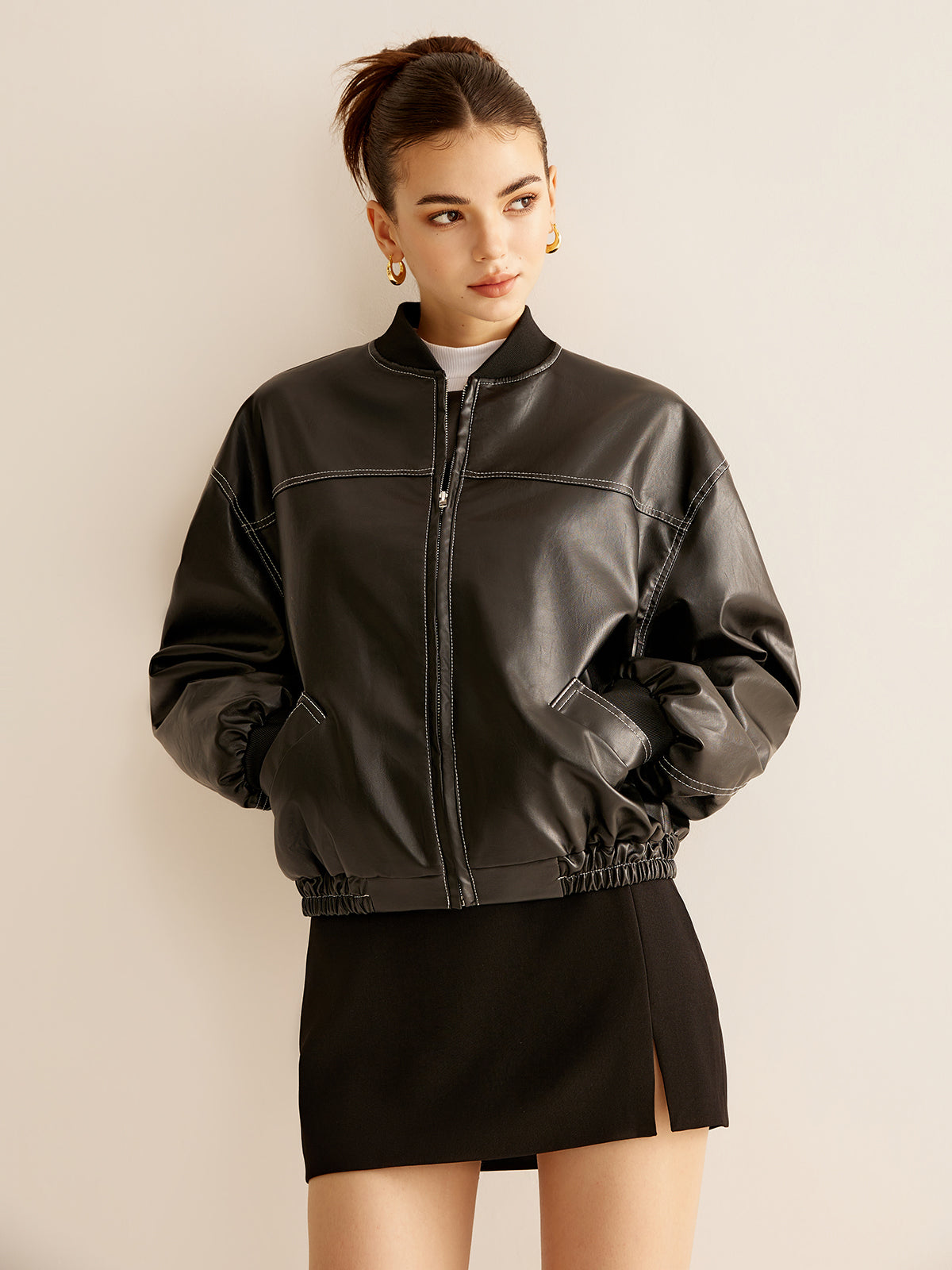 Vintage Zipper PU Leather Short Jacket-Massicos