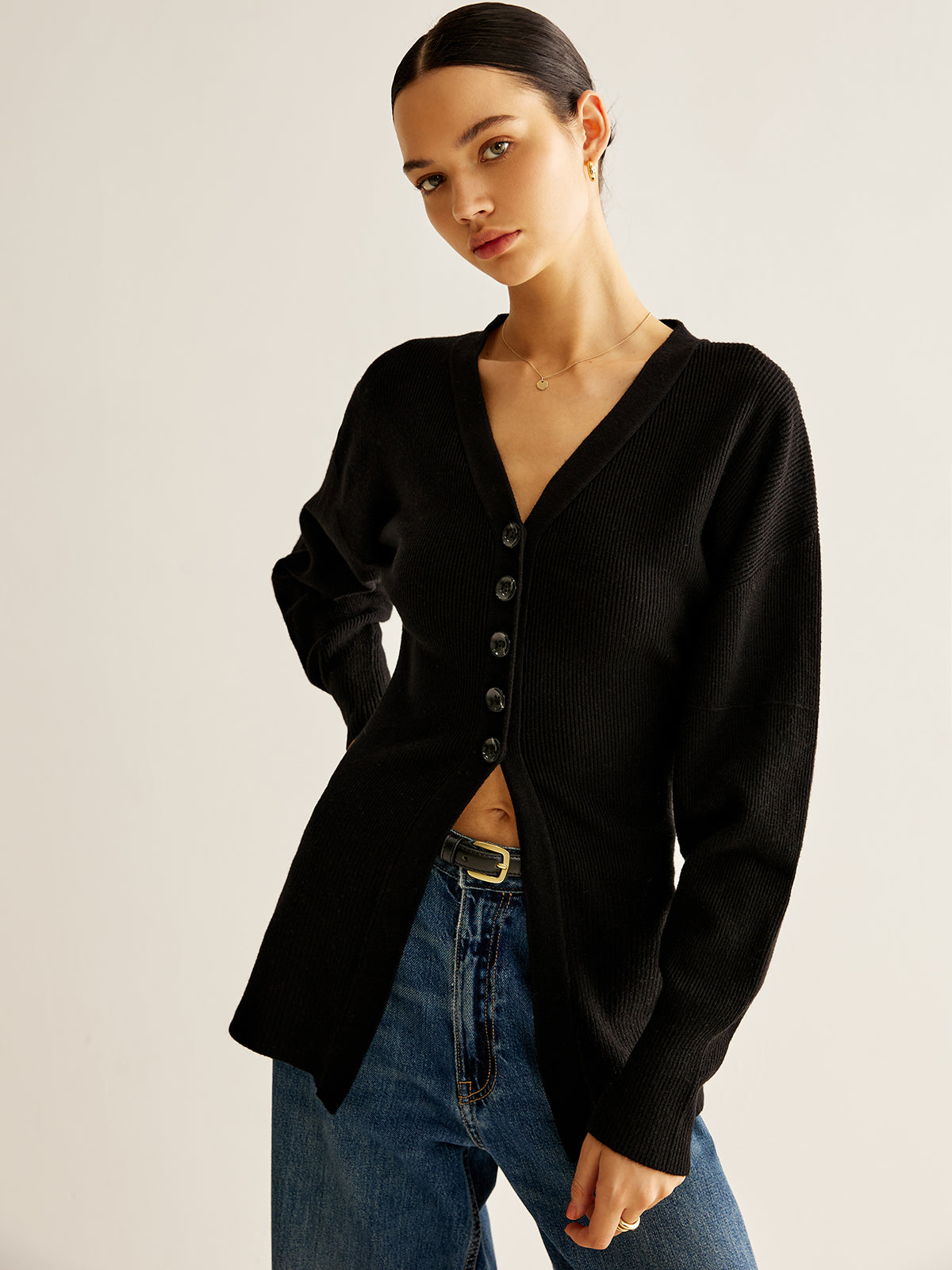 V-Neck Button Slit Cardigan-Massicos