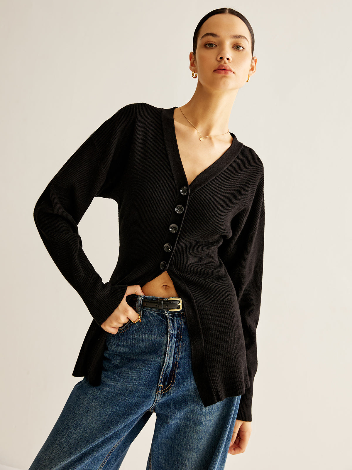 V-Neck Button Slit Cardigan-Massicos