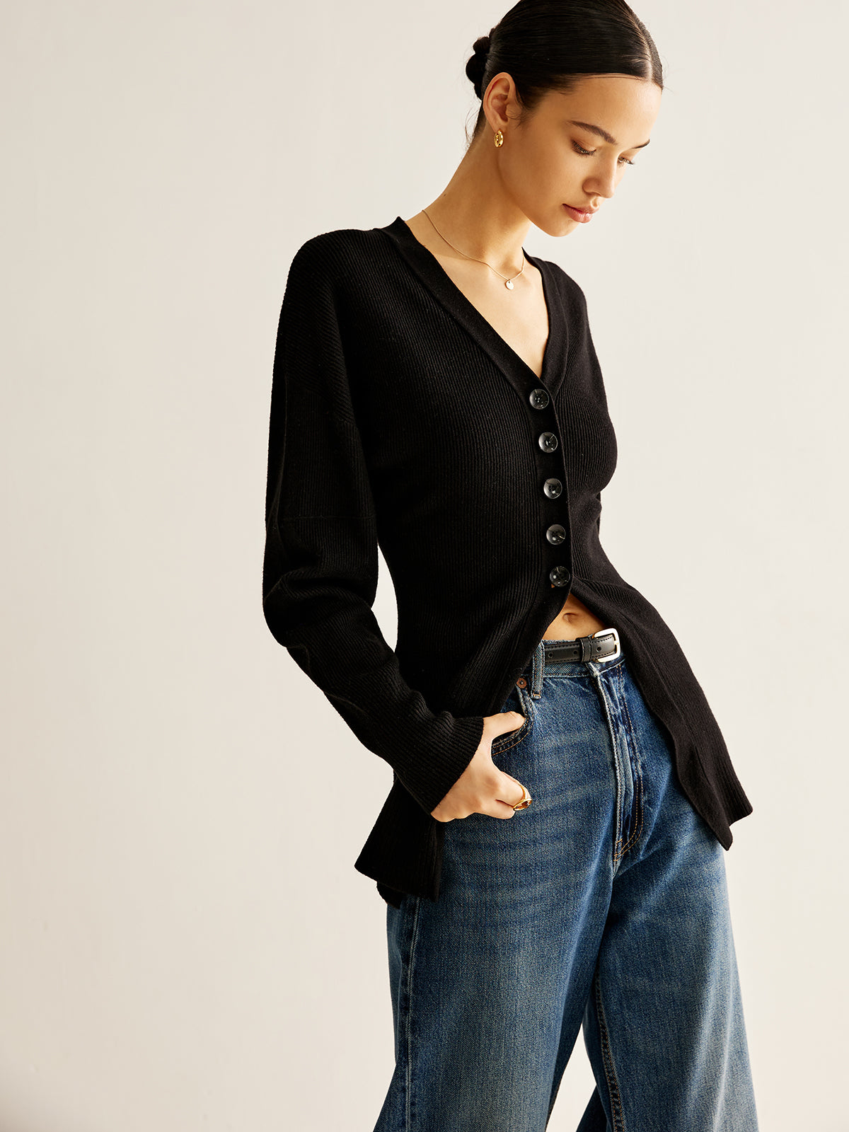 V-Neck Button Slit Cardigan-Massicos