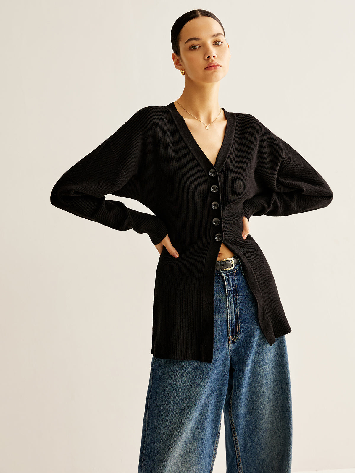 V-Neck Button Slit Cardigan-Massicos