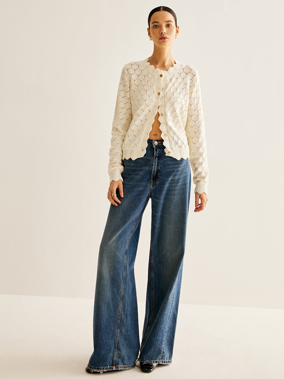 Wave Trim Hollow Out Cardigan-Massicos