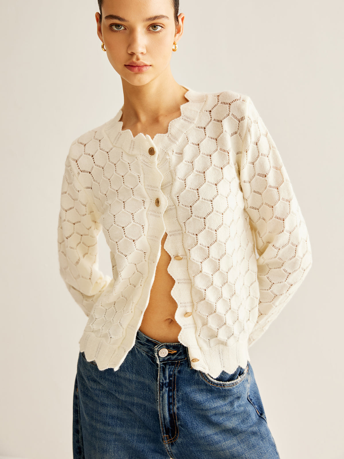 Wave Trim Hollow Out Cardigan-Massicos