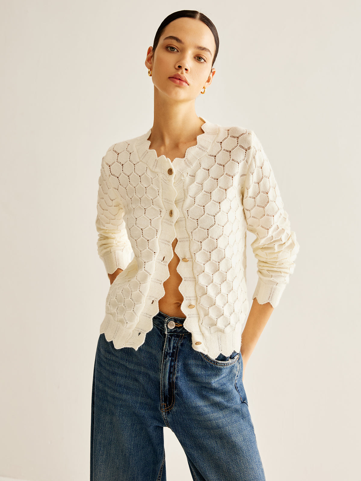 Wave Trim Hollow Out Cardigan-Massicos