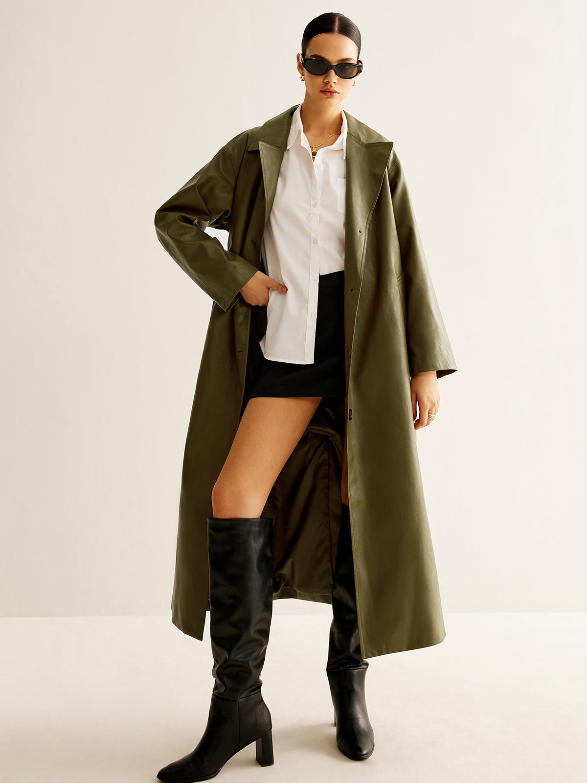Oversized Faux Leather Long Jacket-Massicos